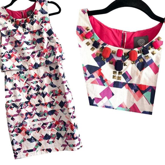 VINCE CAMUTO Beaded Embellished Sleeveless Sheath Geometric Print Dress - Sz 6 - Picture 1 of 6